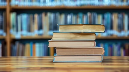 Fototapeta premium Close-up view of a stack of hardcover books on a wooden table in a library setting, with blurred bookshelves in the background.