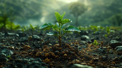 Young plant sprouting from fertile soil against a backdrop of misty mountains, illuminated by soft morning light.