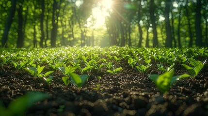 Field of vibrant young plants thriving in rich soil, backlit by the sun shining through a lush green forest.