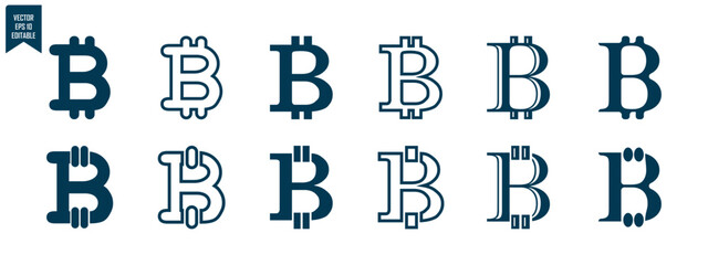 Obraz premium bitcoin set icon, logo and design in circle frame, outline and solid, vector eps 10.