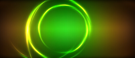 A vibrant green and yellow circle with neon lighting effects on a brown background. The symmetry and colorfulness create a dynamic visual experience, resembling gas and electric blue technology