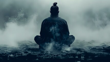 A lone figure meditating in a misty, ethereal landscape for spiritual solitude