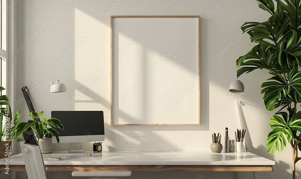 Aufkleber stunning render showcasing minimalist style in a home office setting with a white frame mockup