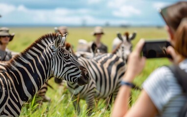 Fototapeta premium A group of young people watch and photograph wild zebras on a safari tour in a national park in Tanzania. Adventure and wildlife exploration in Africa. beautiful view