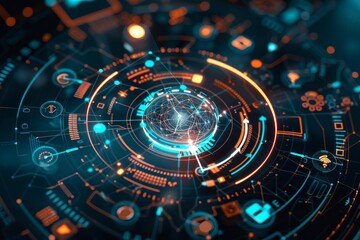 Centralized digital hub with various technology icons surrounding a circular interface