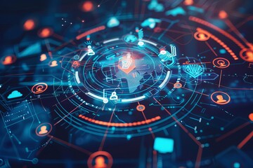 Centralized digital hub with various technology icons surrounding a circular interface