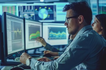 Datacentric work environment with professionals engaging in digital analysis