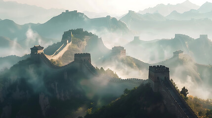 Great Wall of China, snaking through misty mountains, early morning light, majestic and awe-inspiring. Generative AI illustration  - Powered by Adobe