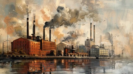 classic oil painting depicting a power plant during the Industrial Revolution, capturing the era's fascination with steam power and technological advancement.  