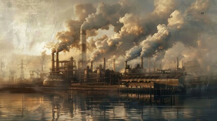 classic oil painting depicting a power plant during the Industrial Revolution, capturing the era's fascination with steam power and technological advancement.  