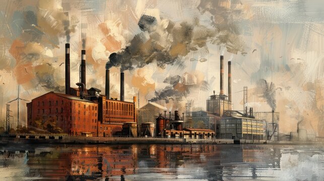 classic oil painting depicting a power plant during the Industrial Revolution, capturing the era's fascination with steam power and technological advancement.   - Powered by Adobe