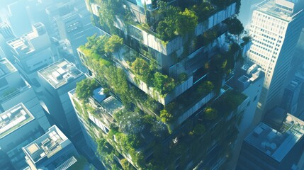 Obraz premium modern eco-friendly building in a bustling cityscape, with lush greenery integrated into its architecture. 