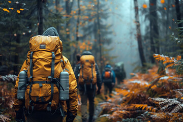 people hiking autumn forest, camping 