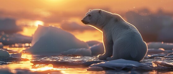 Polar bear, icebergs, arctic setting, melting ice, polar region, realistic, sunlight, lens flare, Rear view