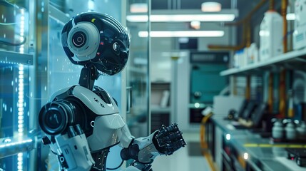 Fototapeta premium Robot, Time Capsule, Preserving the Digital Revolution, inside a Cybernetic Lab, Artificial Rain, Realistic Image, Chromatic Aberration, Macro shot