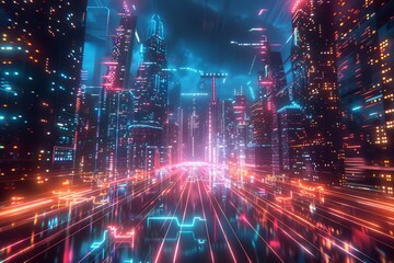 Fototapeta premium Digital cityscape with illuminated data streams, symbolizing interconnected urban technology
