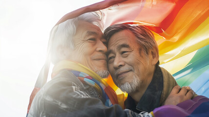 Tender Moment Between Elderly Asian Couple Under Pride Flag