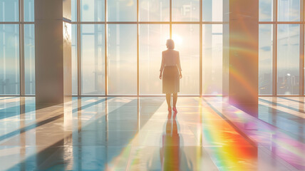 Fototapeta premium Woman Contemplating Future in Sunlit Office with Rainbow Reflections..
