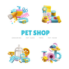 Fototapeta premium Vector poster on a white background with elements of a 3D pet store and grooming