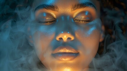 A close-up of a woman's serene face with metallic blue light reflecting off her skin amidst mist and smoke