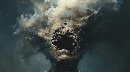 Abstract silhouette of a head made of clouds with a hollow center, evoking surrealism and mystery