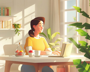 Lifestyle happiness portrayed through a sunny breakfast nook, a person enjoying a quiet morning with coffee and a book3D vector illustrations