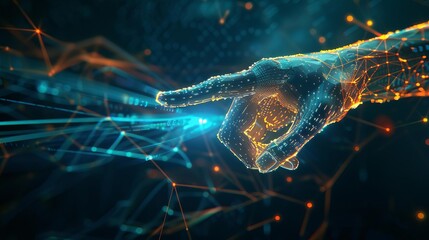 Futuristic digital hand reaching out to a vibrant data network, showcasing human interaction with advanced networks