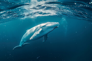 migaloo,white whale on the sea underwater background