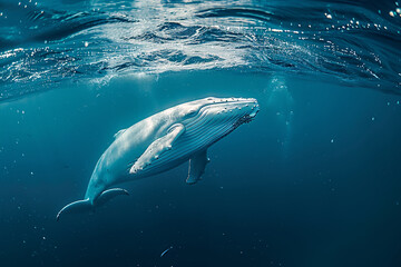 Naklejka premium migaloo,white whale on the sea underwater background