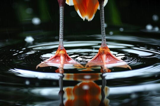 Close up of flamingo s intricate webbed feet in serene pond, leaving elegant ripples in the water