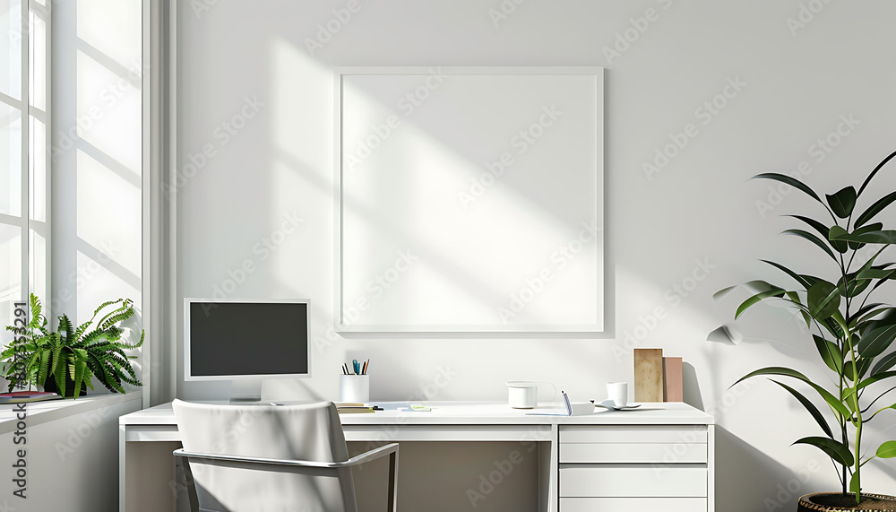 Poster aesthetic appeal workspace with a white frame mockup, adding a touch of sophistication to the office
