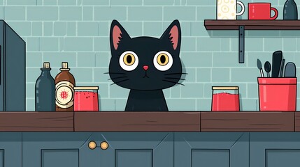 Curious Black Cat Peeking Over Kitchen Counter Cartoon Illustration