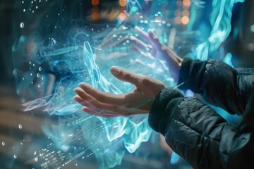 Hands interacting with holographic digital streams, showcasing advanced user interface technology
