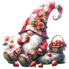 A cute cartoon gnome wearing a red hat with a white beard is sitting on a rock in a strawberry patch