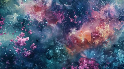 galactic garden with a variety of colorful fish and flowers, including pink, purple, and white varieties