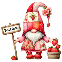 A cute cartoon gnome wearing a strawberry hat and holding a basket of strawberries