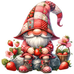 A cute cartoon gnome wearing a strawberry hat and holding a strawberry. Perfect for a children's book or a whimsical illustration.