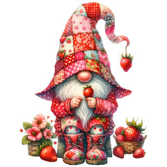 A cute cartoon gnome wearing a red hat with white polka dots and a red shirt with white polka dots