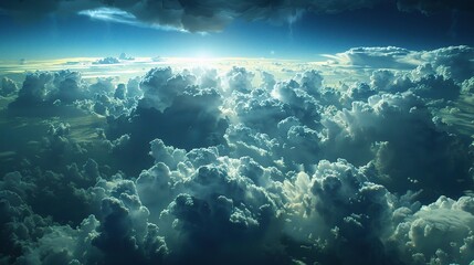 Fototapeta premium An awe-inspiring view of towering cumulonimbus clouds stretching high into the atmosphere, with fluffy white tops glowing brightly in the sunlight