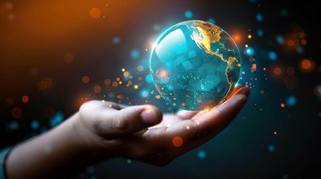 Holographic globe in a human hand, representing global connectivity and data access - Powered by Adobe