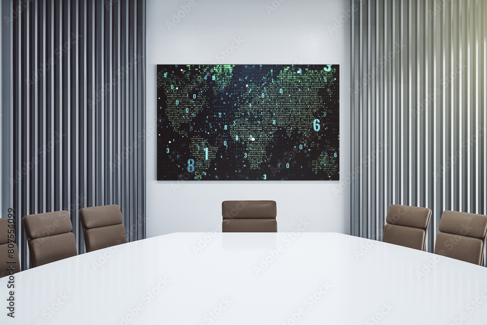 Poster Abstract creative coding illustration with world map on tv display in a modern presentation room, international software development concept. 3D Rendering