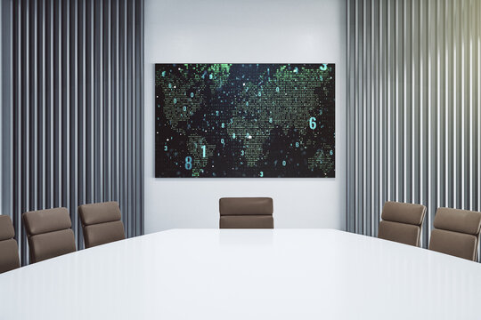 Abstract creative coding illustration with world map on tv display in a modern presentation room, international software development concept. 3D Rendering