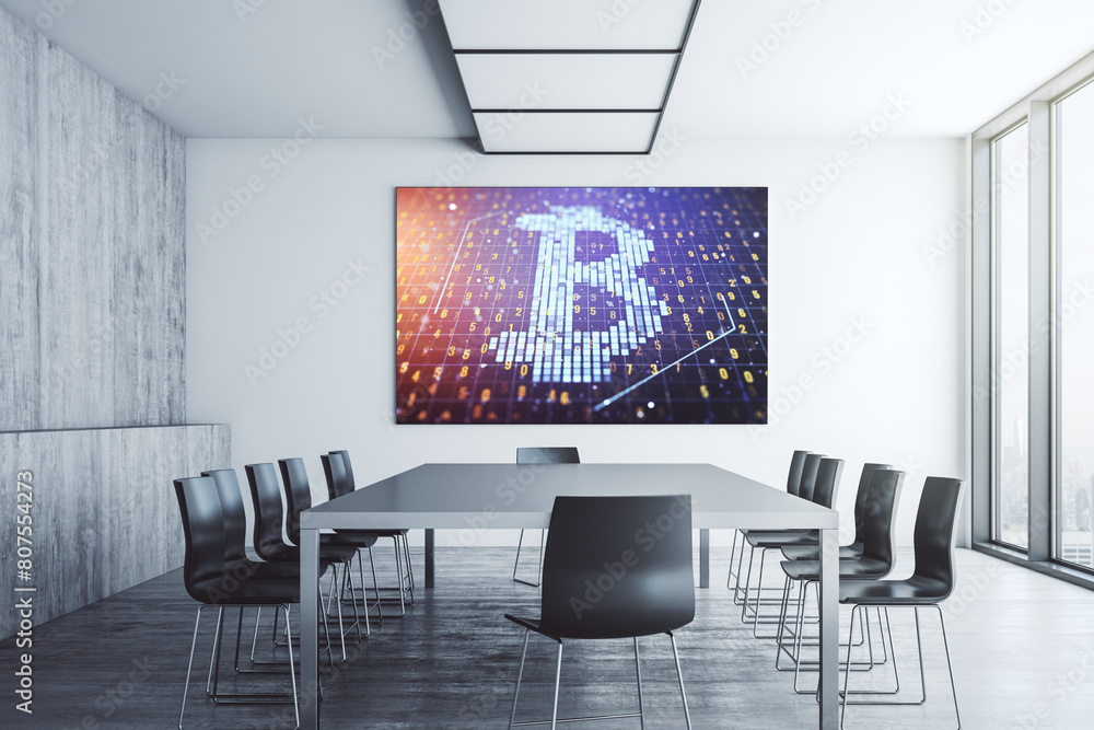 Poster creative bitcoin concept on tv display in a modern presentation room. 3d rendering