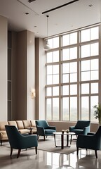 Fototapeta premium Company lobby interior with neatly arranged armchairs, coffee table, windows. Walls, outside view through windows