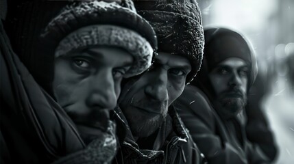 Fototapeta premium group of people huddled together for warmth and comfort as they seek shelter from the rain and cold, their faces reflecting the hardships they have endured., 