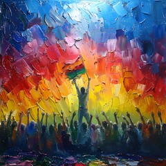 An expressive painting of a single individual raising a flag before an abstract background in a display of social activism.