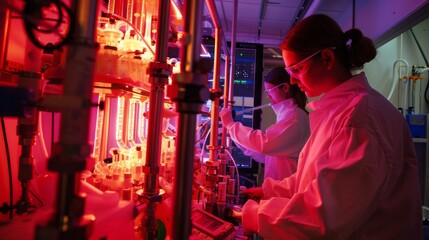 a team of scientists conducting experiments in a laboratory to develop artificial photosynthesis technology