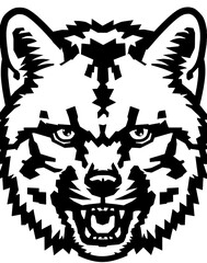 Black and white tribal wolf head, an intricate and fierce design perfect for tattoos or creative projects