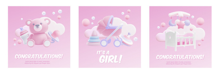 Congratulations, It's a girl Baby shower 3d vector posters set, cartoon cute design newborn care accessories and toys