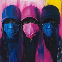 Three individuals in masks and caps, highlighted with bright and contrasting colors, symbolize social justice and activism amid a visually striking and powerful backdrop.